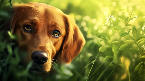 Golden retriever gazes through sunlit meadow greenery quietly.