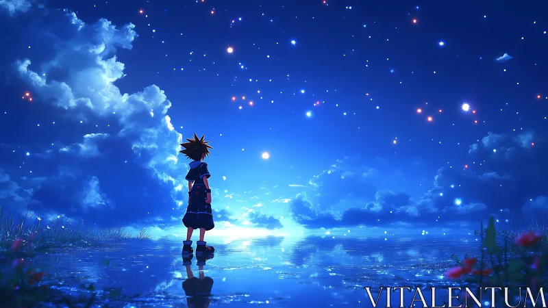 Starlit child stands over glowing water horizon. Period.