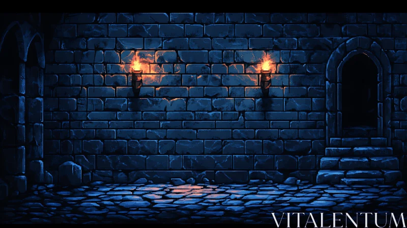 Pixel dungeon corridor with torches and arched portal lighting.