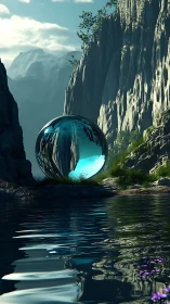 Luminous chrome sphere rests in a tranquil mountain gorge lake