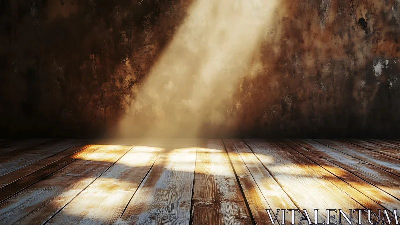 Sunlit wooden floor against weathered textured interior wall.