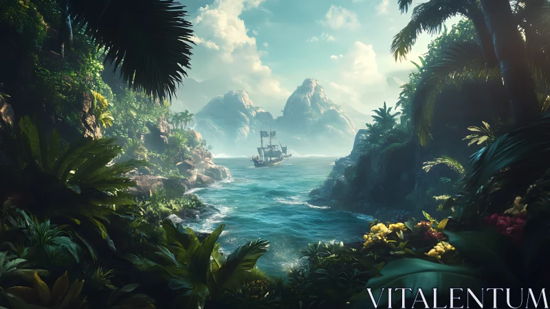 Tropical Paradise Lagoon with Sailing Ship