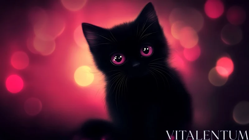 Black cat with neon pink eyes against glowing bokeh background.