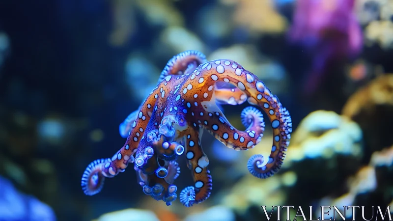 Vibrant blue-ringed octopus rendered in shallow depth of field