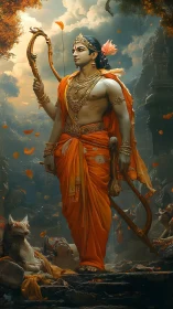 Regal warrior deity strides through mythic forest ruins in orange