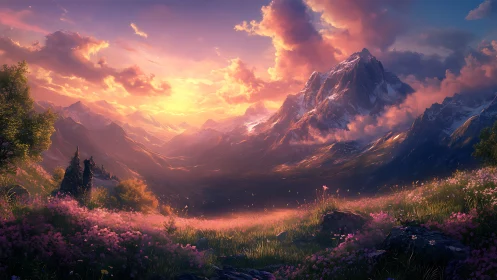 Sunlit alpine valley glows beneath towering snow peaks at dusk