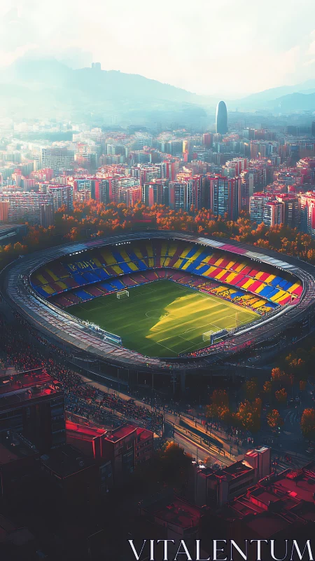 Sunlit football stadium glows at the heart of the cityscape