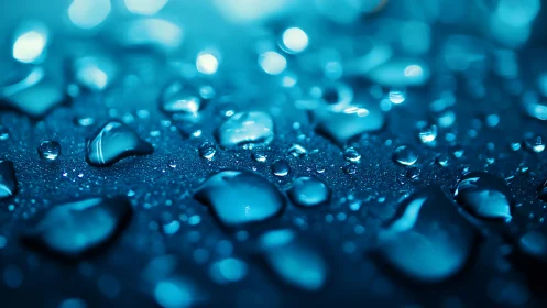 Macro view of water droplets on blue textured surface.