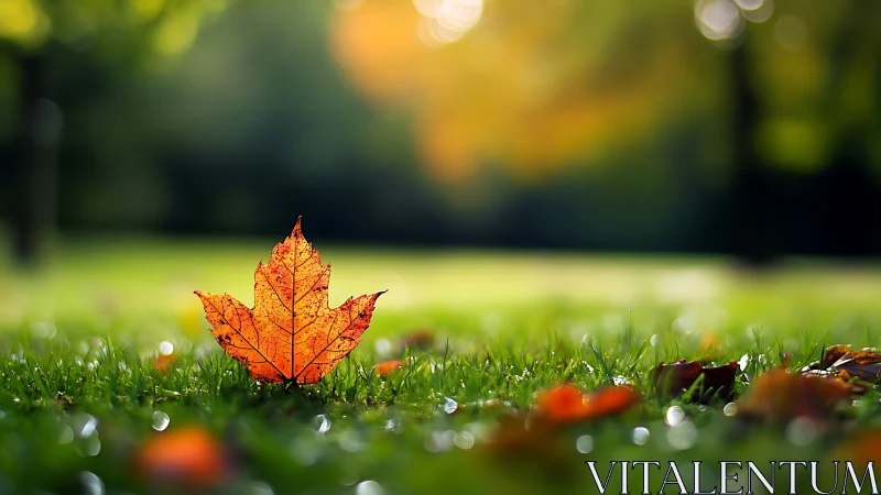 Single backlit maple leaf rests upright on wet grass