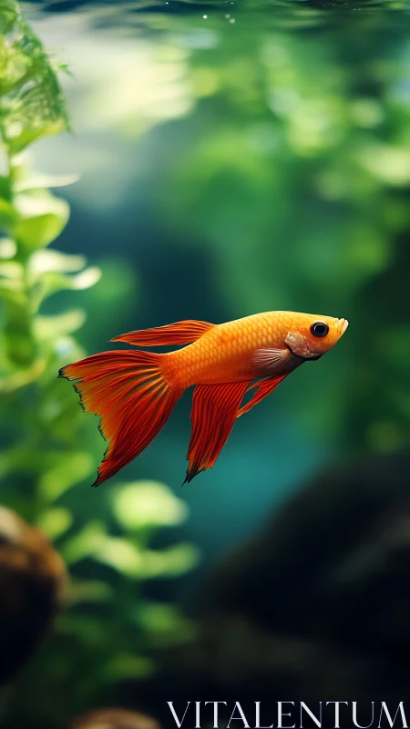 Orange betta fish with flowing fins in shallow depth-of-field aquascape
