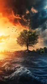 Solitary Tree: Duality Between Fire and Ocean.