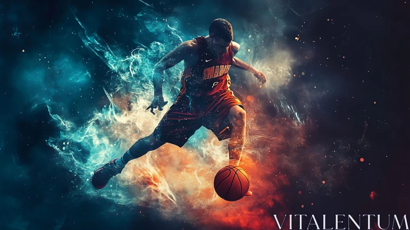 Basketball player in midair surrounded by colored smoke fields.
