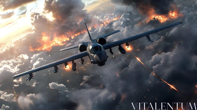 Attack aircraft storms burning clouds over battlefield sky.
