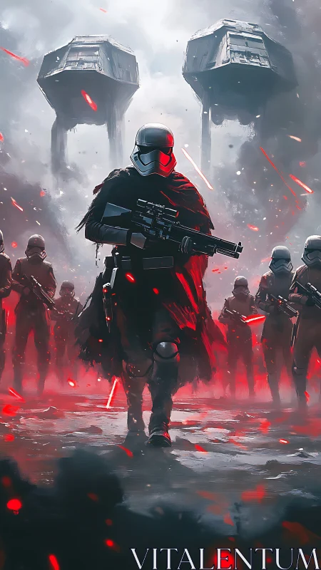 Armored sci fi commander advances through red lit battlefield haze