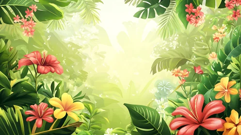 Sunlit jungle blooms quietly frame a dreamy tropical clearing