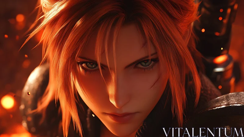 Intense anime warrior portrait with fiery orange lighting.