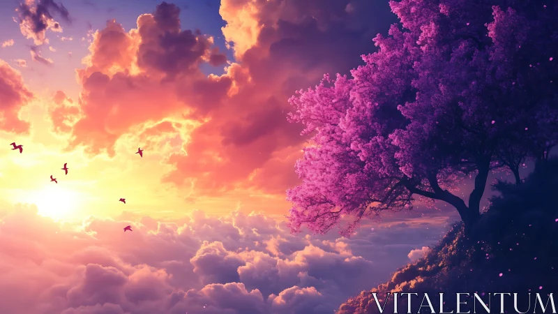Radiant sunset clouds surround solitary pink blossom tree