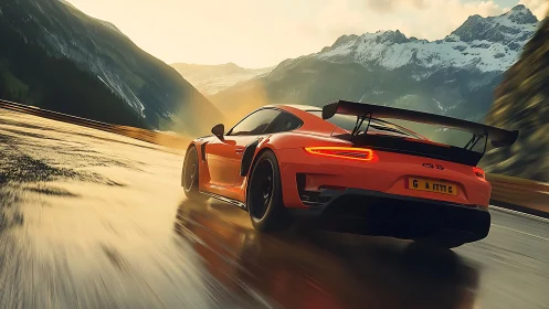 Orange race car powers through sunlit alpine mountain pass