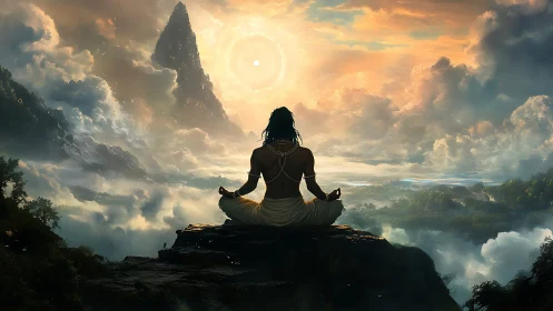 Mystic yogi meditates above clouds before radiant sun portal.