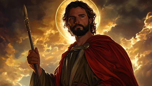 Radiant warrior saint wrapped in sunset stormlight armor.