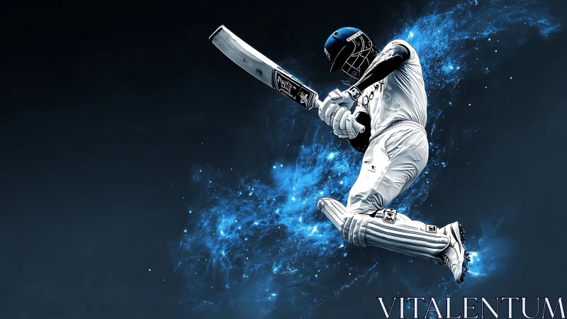 Dynamic cricket batsman in mid-air drive with blue energy field