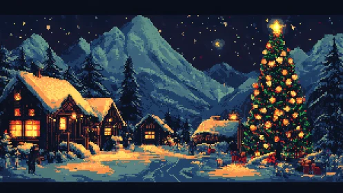Pixel snowglobe village under a towering starlit Christmas tree.