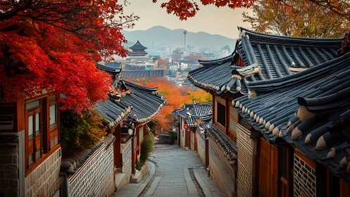 Traditional Korean alley with tiled roofs in autumn foliage.