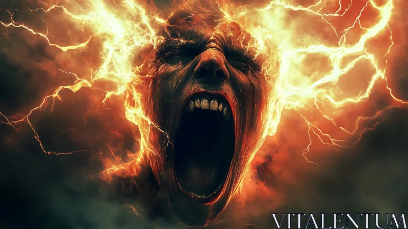 Human head engulfed in fiery electrical energy discharge.