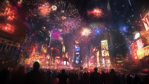 Fireworks ignite a neon city skyline above a crowded street