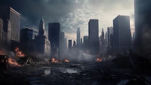 Post-catastrophe urban skyline with high-rise ruins and smoke.