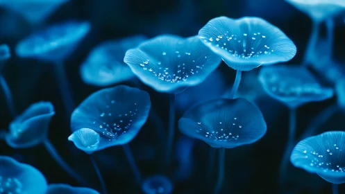 Blue bioluminescent mushroom caps display fine surface droplets