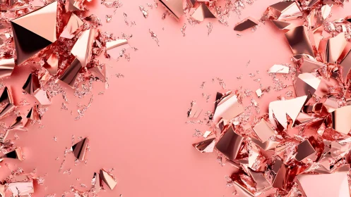Shattered Rose Gold Geometric Crystals on Pink Background.