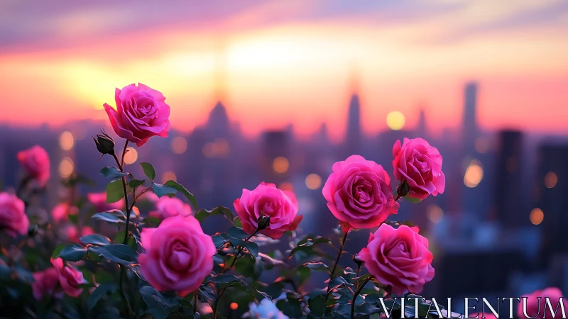 Vibrant Roses Silhouette Urban Skyline at Golden Hour Sunset.