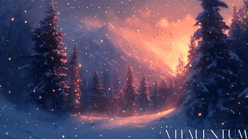 Luminous alpine winter forest under ember lit snowfall glow