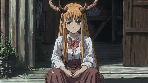 Horned anime girl sitting in rustic wooden doorway scene.