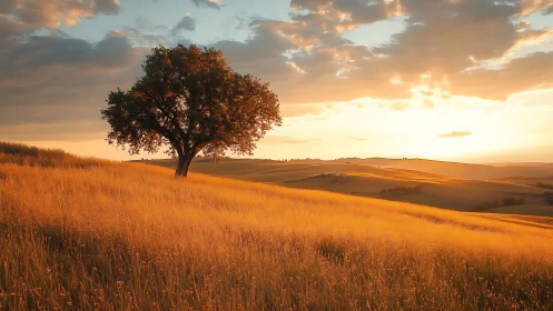 Solitary hillside tree lingers in a river of molten sunlight