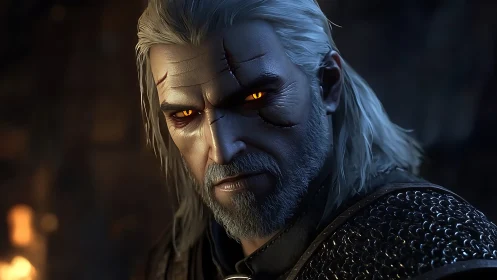 Brooding silver‑haired warrior with glowing golden eyes.