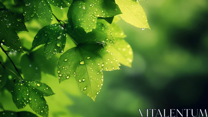 Maple leaves glisten with fresh raindrops in soft sunlight.