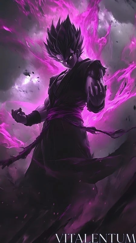 Cel shaded warrior channels dense magenta energy in storm