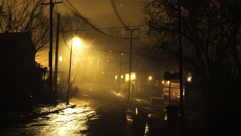 Sodium streetlights drowning a rainy midnight neighborhood.