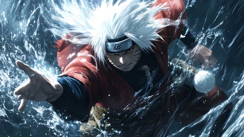 Dynamic anime warrior traversing turbulent aqueous vortex field.