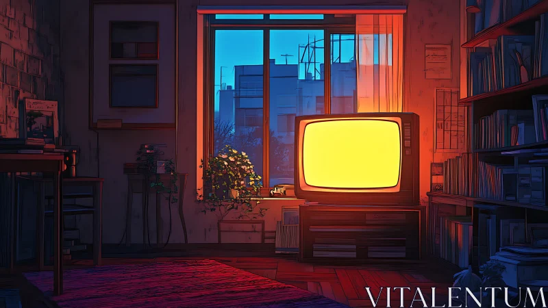 Retro TV glow in moody anime urban apartment interior.