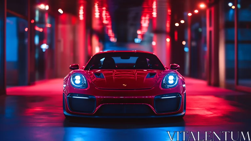 Red sports coupe under neon corridor lighting at night.