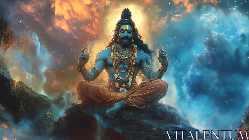 Divine blue yogi in cosmic meditation amid blazing nebula clouds.