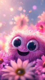 Fluffy pink creature smiles amid dreamy glowing flowers.