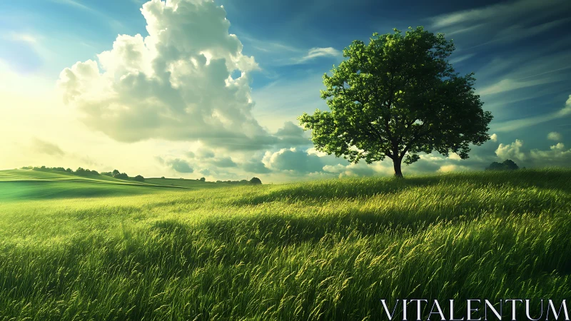 Lone green tree stands in glowing sunlit meadow under clouds.