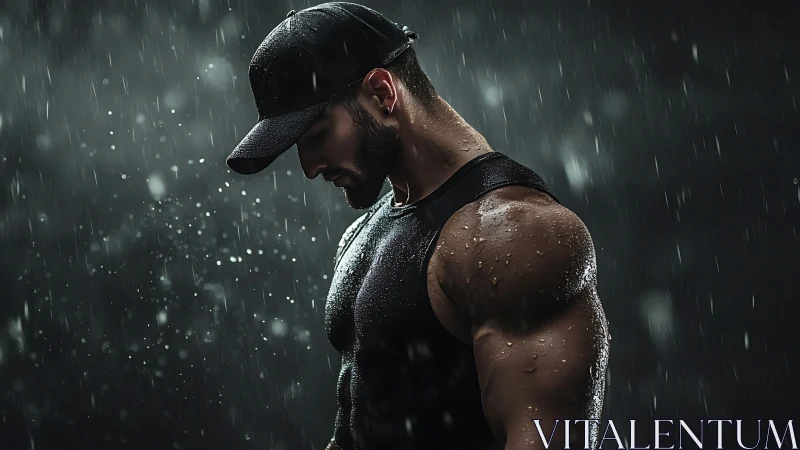 Muscular athlete under dramatic rain with side profile focus.