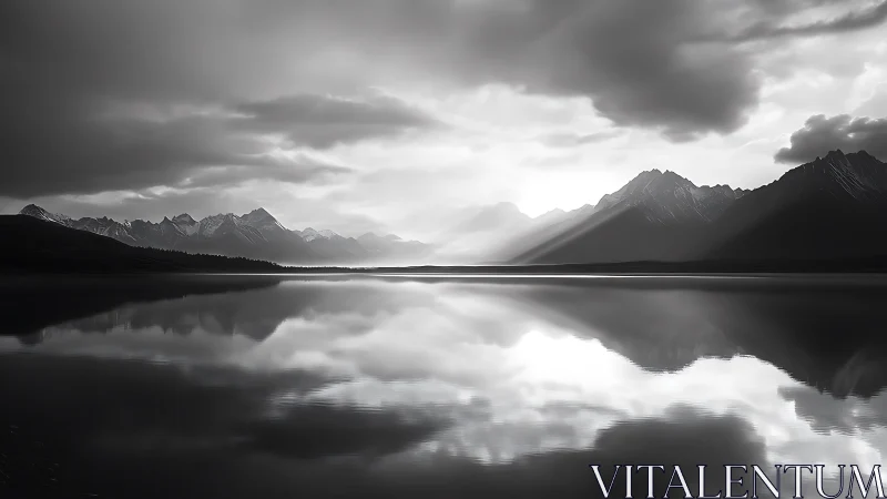 Monochrome mountain lake mirrored under dramatic light.