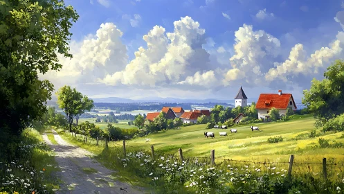 Sunlit rural valley with red-roof village and grazing sheep.