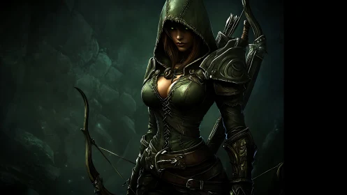 Hooded elven ranger stands poised with bow in shadowed forest.